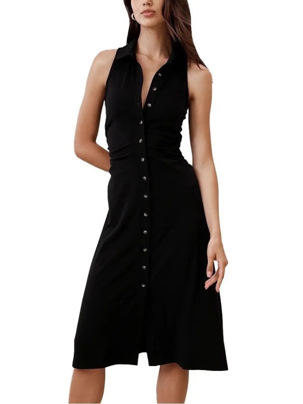Banana Republic Black Racer Knit Button Front Dress Large Petite Fit Flare